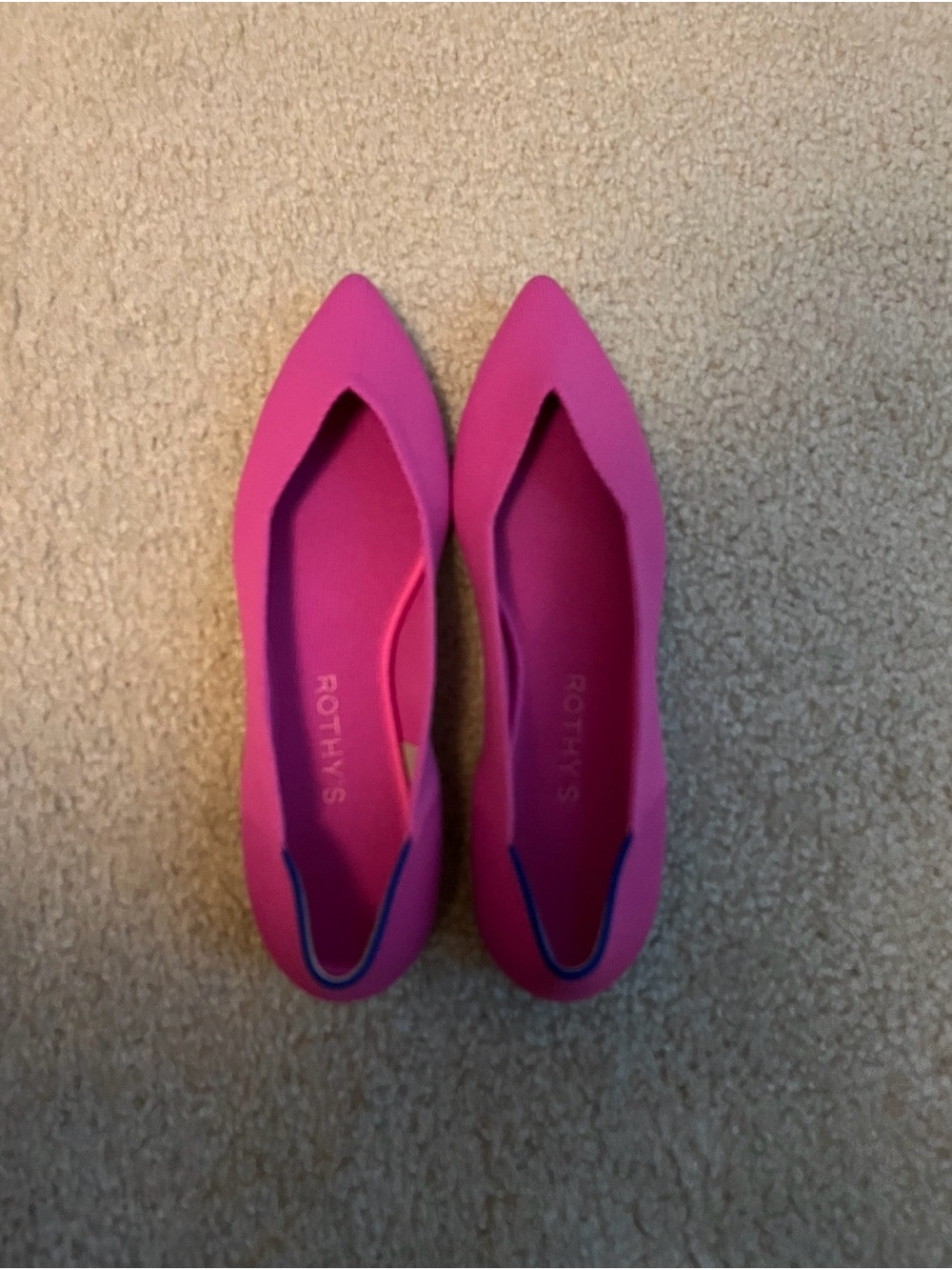 Rothy's Pointed Ballet Flat in Hot Pink with Blue Trim